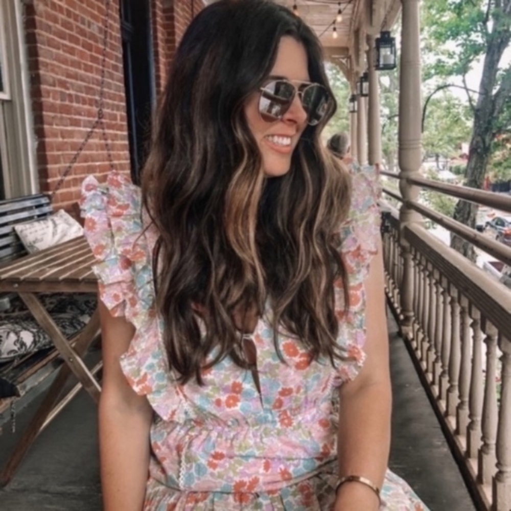 ✅ Anthropologie Love the Label Dress Ines Tiered Ruffle Mini Ivory Pink Floral - Picture 5 of 9